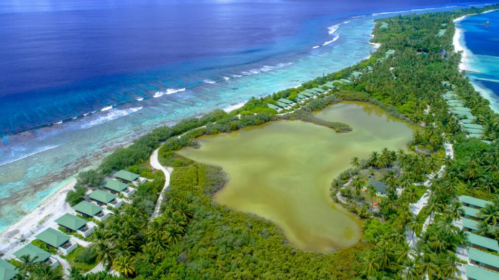 Mauritius Stunning aerial shot of a tropical resort in Addu City, Maldives.