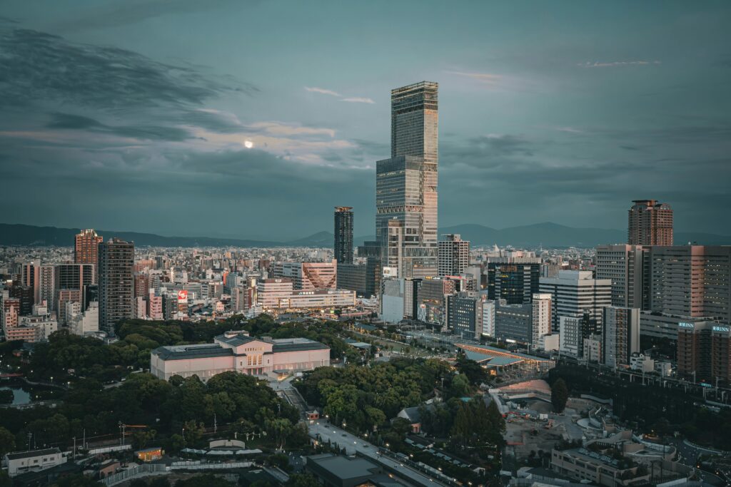 Japan Captivating skyline of Osaka featuring Abeno Harukas at twilight, showcasing Japan's modern architecture.
